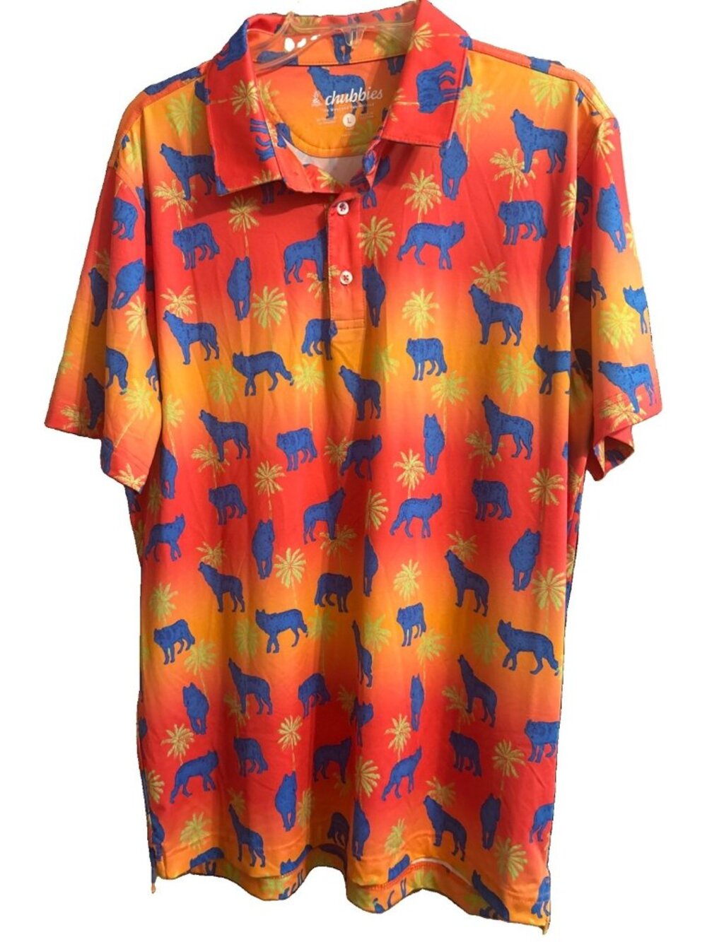 CHUBBIES The Howler Moon Polo Shirt Covered In Howling Wolves & Palm Trees Large